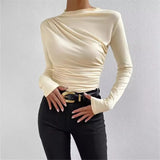 Solid Color Trim Bottom Shirt Folding Design Long-Sleeved T-Shirt Lady