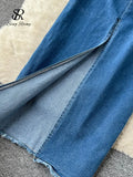 Summer Gradient Strapless Sexy Denim Dress Women Sleeveless Bodycon Jeans Sundress Fashion Split Backless Long