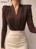 V Neck Brown Bodysuit Women Autumn Long Sleeve Top Bodies Sexy 2021 Female Overalls Casual Bodycon