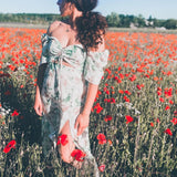 Women Floral Printed Hollow Out Casual Midi Dress 2021 Summer Vintage Slit Lace-Up Prom Party Dresses Holiday