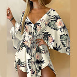Women Elegant Dresses Sexy V Neck Lace-up Floral Print Mini Dress Casual Flared Sleeves Irregular Ladies Party