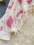 Fashion Tie-Dye Autumn Top Women O Neck Long Sleeves Tassel Hollow Out Loose Blouse Streetwear Beach Knitted