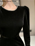 Velvet Black Midi Dress Women Elegant Chic Designer Long Sleeve Dress Sexy Casual Evening Party Formal Occasion Dress