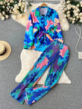 Female Fashion Print Two Pieces Suits Bow Bandage Long Sleeve Tops+Casual Wide Leg Pants Streetwear Autumn Retro