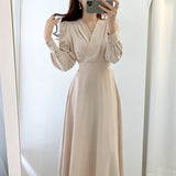 And Autumn 2025 New Korean Chic Temperament Design Feel Waist Thin V Collar Long Dress Women's