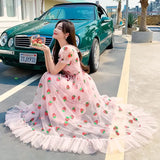dress Sequined Embroidery Cascading Ruffle Maxi Dress Women summer V-neck Puff Sleeve Bow Pink Tulle Mesh Long