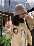 Zingj And Winter 2024 New Design Sense Double-Sided Smiley Face Sweater Cardigan Female Embroidery Round Collar Korean Fashion Versatile Coat-Outfit