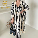 Korean Sweater Set Fashion Vintage Style V-Neck Long Knitted Sweater Coat + Houndstooth Vest Dress Female Two-Piece