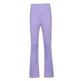 Skinny Elastic Flare Pants Women Casual High Waist Long Trousers Laides Purple Ribbed Sweatpants Summer