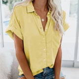 Summer Office Lady Solid Tops and Blouses Casual Turn-drow Collar Shirt for Women Elegant Short Sleeve Loose