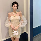 Puff Sleeve Dress Women Slash Neck Tunic Mini Vestidos Solid Party Slim New Arrival Chic Elegant French Ladies Hot