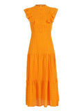 Solid Hollow Out Elegant Women Dress O Neck Flying Sleeve Button Long Dress Summer Chic Casual Beach Women