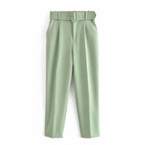 Solid Women Suit Pants Office Lady Empire Waist Belt Trousers Elagant Sashes Casual Chic