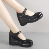 And Autumn Women's Shoes Thick Bottom Slope And Shallow Single Shoes High Heels Ladies Leather Shoes Magic Stick Round Head Loose Cake Middle-Naught Mother