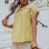 Neck Lace Crochet Solid Color Short Sleeve Casual Top Women's