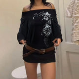Dark Black Style Retro Print Irregular Design Slanted Shoulder Skirt Street Personality Loose Thin