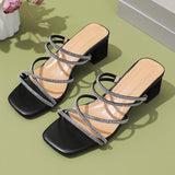 Zingj Summer New Large Size Solid Color Fashion Two Wear Square Head Rhinestone Women's Thick High Heel Slippers