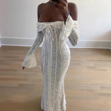 Women's Dress 2025 New Fashion Elegant Sexy One-Word Shoulder Lace