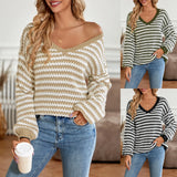 Women's Wear 2025 Winter Casual Ladies V-Neck Loose Striped Long Sleeve