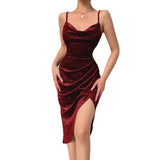 Sexy Evening Party Dresses For Women 2022 Summer Elegant Strap V-neck Velvet Shining Mini Dress Split Ruched Dress