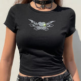 Punk Aesthetics T-shirt Y2K Woman Clothes Streetwear Gothic Crop Tops Rhinestones Heart Print Black Top Women