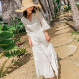 2022 Boho Women Maxi Party Dress Single Breasted Sexy White Lace Cotton Tunic Long Beach Dress Summer