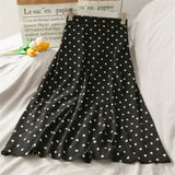 Casual Chiffon Print Dot-print Skirt Female High Waist Midi A-line Skirt Womens Black White Red Long Skirts