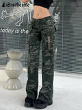 SUCHCUTE Streetwear Camouflage Women Jeans Vintage Low Waist Pocket Up Denim Trousers Korean Harajuku Baggy 90s Straight