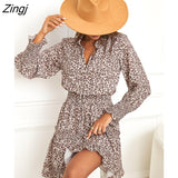 PETAL Brown Leopard Mini Dress For Woman Sexy Split Neck Long Sleeve Party Dress 2023 Spring Autumn Female