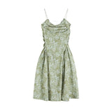 Green Straps Dress Vintage Broken Flowers Folds Sleeveless Casual Fashion High Waist Sexy Long Skirt Ladies