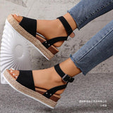 Hemp Rope Slope With Fish Mouth Sandals Women Thick Soles Buckle Beach Cool