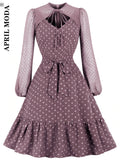 Lantern Long Sleeves Polka Dot Printed Midi Dress Women Elegant Vintage Hollow Out Autumn Swing Pinup Dresses Robe