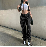 Green Cargo Pants Baggy Jeans Women Fashion Streetwear Pockets Straight High Waist Casual Vintage Denim Trousers