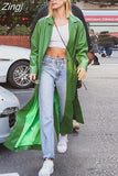 Autumn Extra Long Green Leather Trench Coat for Women Long Sleeve Sashes Single Breasted Maxi Overcoat 2023