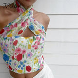 2021 Summer Floral Print Halter Neck Crop Top Women Casual Off Shoulder Backless Mesh Beach Sleeveless Tank Tops