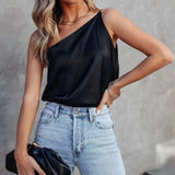 Spring And Summer New Temperament Commuter Satin Shirt Loose Casual Oblique Shoulder Color Halter