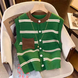Neck Knitted Cardigan Vest Women's Loose Impact Color Pocket Striped Vest A Variety Of Small Shoulder Sweaters Leisure