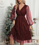 Zingj New V-Collar Elegant Slim Solid Color Stitching Mesh Perspective Sprinkling Powder Dress Female-Outfit