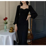 Autumn Long Lantern Sleeves Women Elegant Party Midi Dress Female Fashion Lady One Piece Clothes