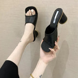 New Brand Designer Square Toe Mules Heels Slippers Sandals Women Solid High Heels Women Slides Ladies Party Sandals