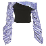Women's Clothing 2025 Summer New Fashion Stripe Bumped A Word Shoulder-To-Shoulder Repair Slim Thin Long-Sleeved Top