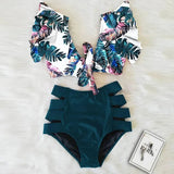 Ruffled Hem Bikini Set Women Flora V-Neck High-Waisted Two Piece Swimsuit 2023 Girl Beach Bathing Suit Swimwear