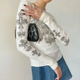 Women Vintage Y2K Grunge T-shirt Long Sleeve O Neck Gothic Cross Angel Wings Printed Retro Rhinestone Slim Fit