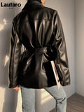 Black Faux Leather Biker Jacket Long Sleeve Zipper Belt Loose Luxury Korean Fashion 2023 Autumn Clothes Women