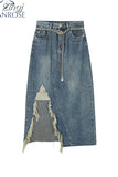 Style Blue Denim Skirt For Women High Waist Straight Split Solid Streetwear Midi Skirts Female Fashion Clothing