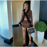 Tie Up Feather Leopard Print Tie Up Top And Mini Skirt Set- Outfit