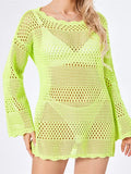 Women Bikini Cover Ups Knitted Crochet Cutout Long Sleeve Mini Dress for Beach Swimsuit Bathing Suit Summer
