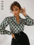 2021 Vintage Print Elegant Blouse Shirts Women Long Sleeve Green Turn Down Autumn Winter Y2K Casual Top Shirt Lady