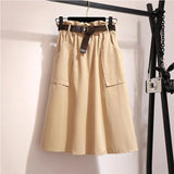 Knee Length Summer Autumn Skirt Women No Belt Casual Cotton Solid High Waist Sun School Skirt
