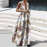 Summer Autumn Long Dress Fashion Retro Floral Print Sleeveless Holiday Dress Sexy Women Deep V Neck Elegant Party